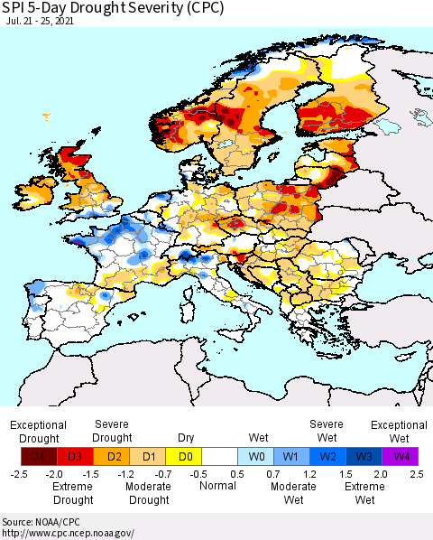 Europe SPI 5-Day Drought Severity (CPC) Thematic Map For 7/21/2021 - 7/25/2021