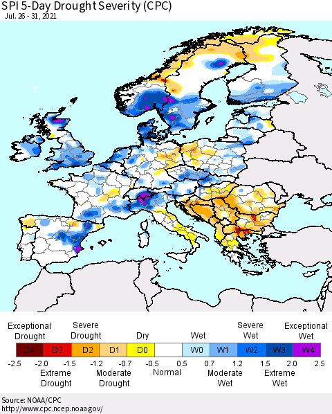 Europe SPI 5-Day Drought Severity (CPC) Thematic Map For 7/26/2021 - 7/31/2021