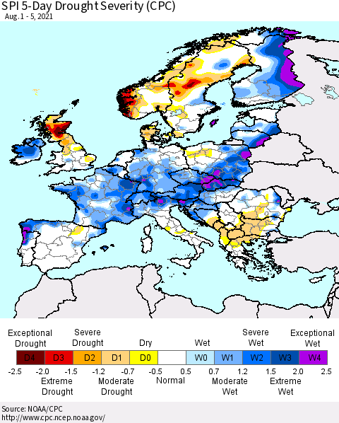 Europe SPI 5-Day Drought Severity (CPC) Thematic Map For 8/1/2021 - 8/5/2021