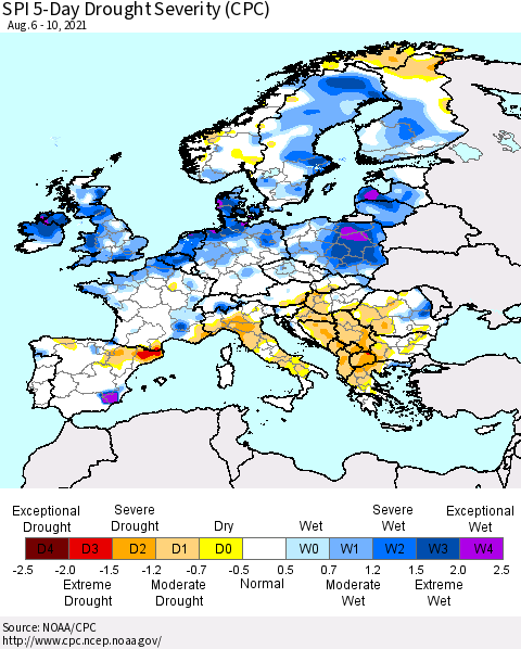 Europe SPI 5-Day Drought Severity (CPC) Thematic Map For 8/6/2021 - 8/10/2021