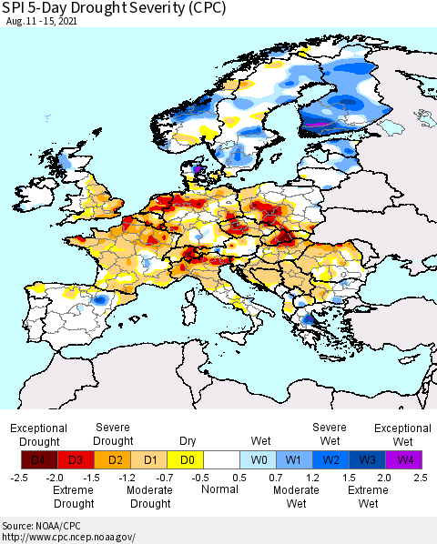 Europe SPI 5-Day Drought Severity (CPC) Thematic Map For 8/11/2021 - 8/15/2021
