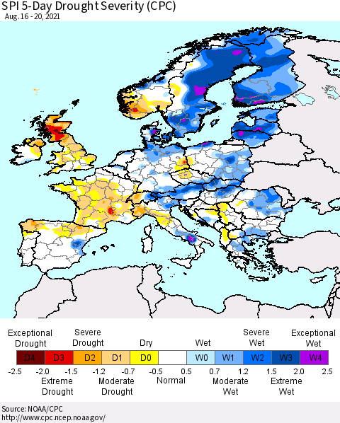 Europe SPI 5-Day Drought Severity (CPC) Thematic Map For 8/16/2021 - 8/20/2021