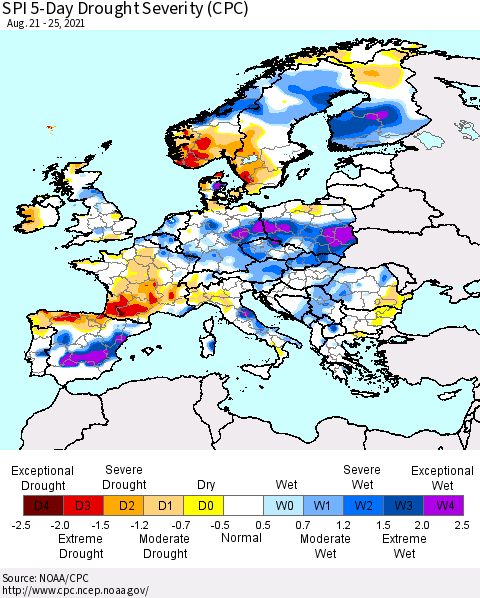 Europe SPI 5-Day Drought Severity (CPC) Thematic Map For 8/21/2021 - 8/25/2021
