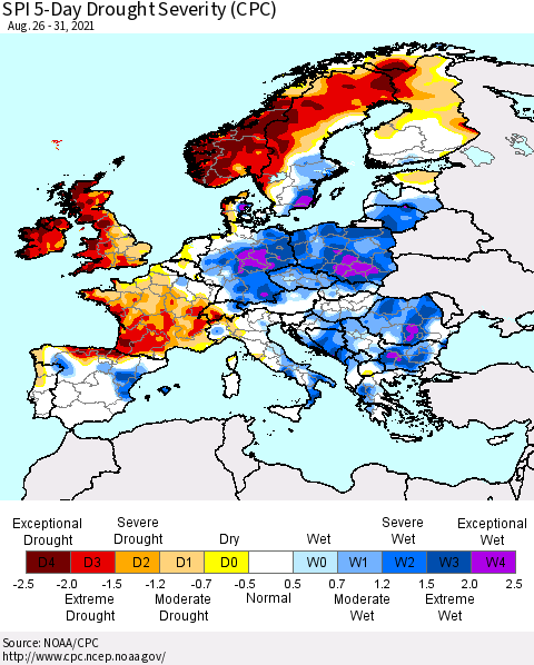 Europe SPI 5-Day Drought Severity (CPC) Thematic Map For 8/26/2021 - 8/31/2021