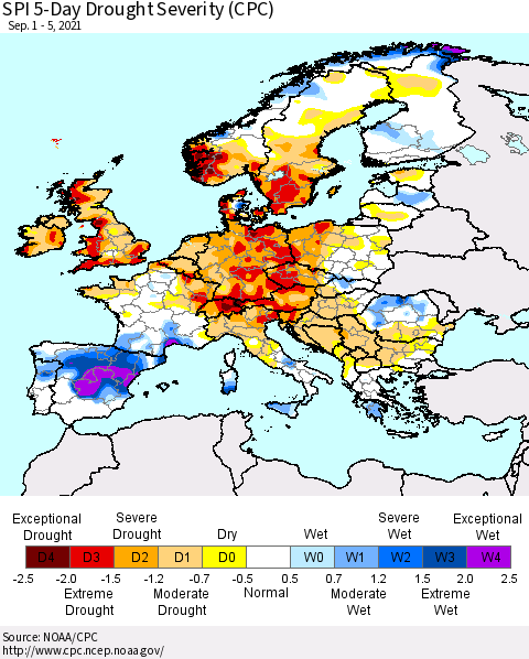 Europe SPI 5-Day Drought Severity (CPC) Thematic Map For 9/1/2021 - 9/5/2021