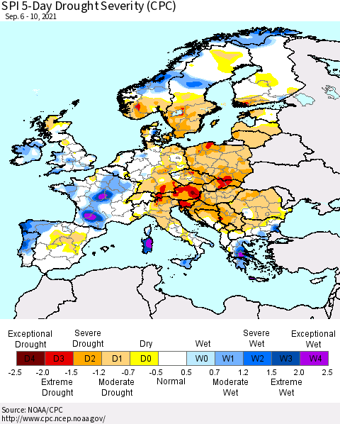 Europe SPI 5-Day Drought Severity (CPC) Thematic Map For 9/6/2021 - 9/10/2021