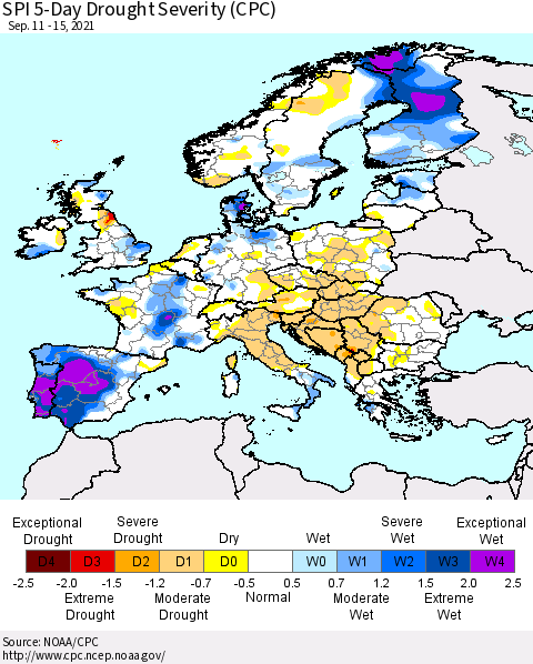 Europe SPI 5-Day Drought Severity (CPC) Thematic Map For 9/11/2021 - 9/15/2021