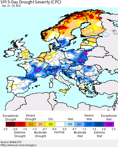 Europe SPI 5-Day Drought Severity (CPC) Thematic Map For 9/16/2021 - 9/20/2021