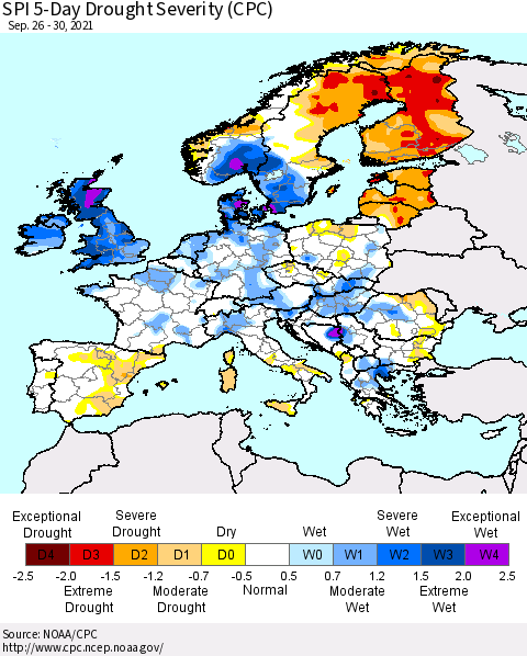 Europe SPI 5-Day Drought Severity (CPC) Thematic Map For 9/26/2021 - 9/30/2021
