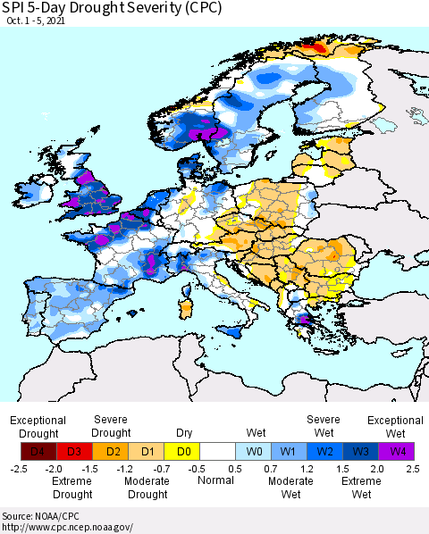 Europe SPI 5-Day Drought Severity (CPC) Thematic Map For 10/1/2021 - 10/5/2021
