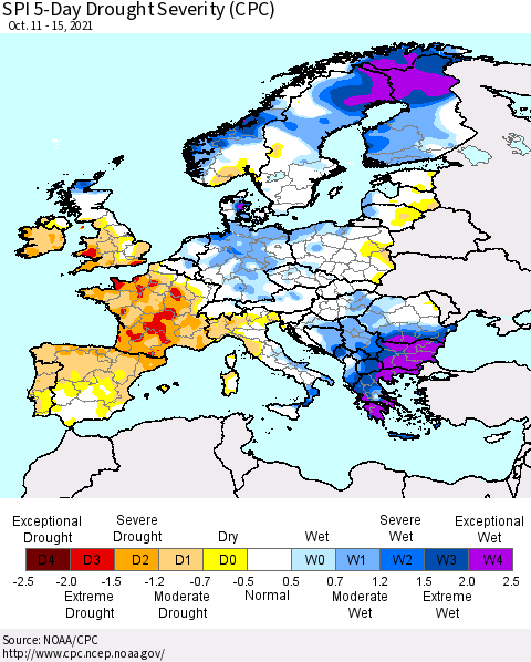 Europe SPI 5-Day Drought Severity (CPC) Thematic Map For 10/11/2021 - 10/15/2021