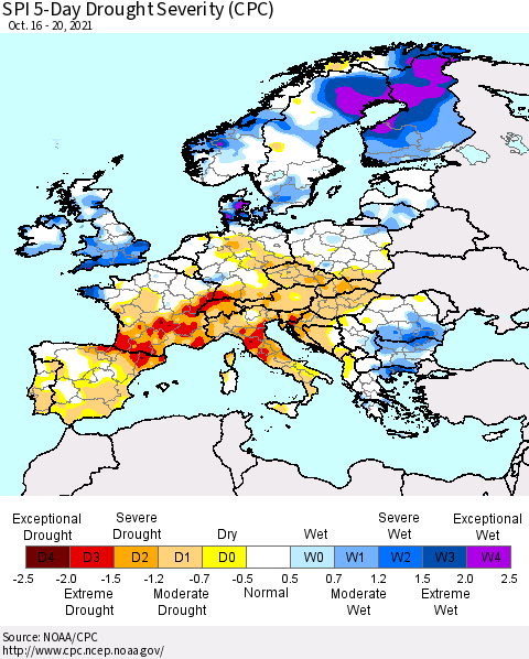 Europe SPI 5-Day Drought Severity (CPC) Thematic Map For 10/16/2021 - 10/20/2021