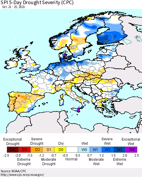 Europe SPI 5-Day Drought Severity (CPC) Thematic Map For 10/21/2021 - 10/25/2021