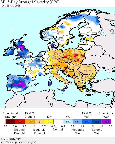 Europe SPI 5-Day Drought Severity (CPC) Thematic Map For 10/26/2021 - 10/31/2021