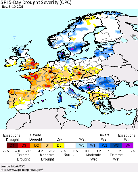 Europe SPI 5-Day Drought Severity (CPC) Thematic Map For 11/6/2021 - 11/10/2021