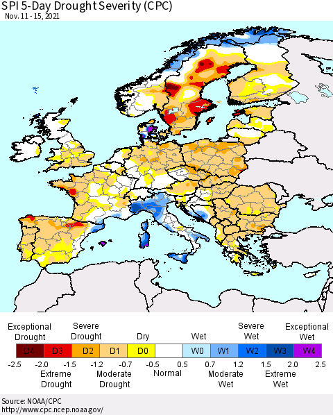 Europe SPI 5-Day Drought Severity (CPC) Thematic Map For 11/11/2021 - 11/15/2021