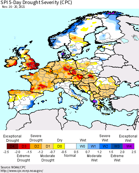 Europe SPI 5-Day Drought Severity (CPC) Thematic Map For 11/16/2021 - 11/20/2021
