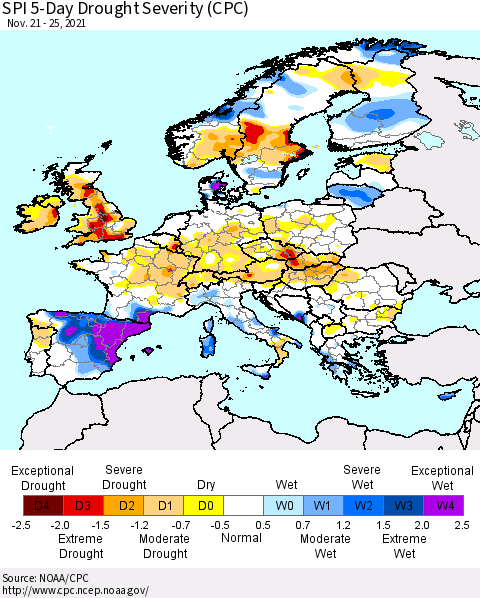 Europe SPI 5-Day Drought Severity (CPC) Thematic Map For 11/21/2021 - 11/25/2021