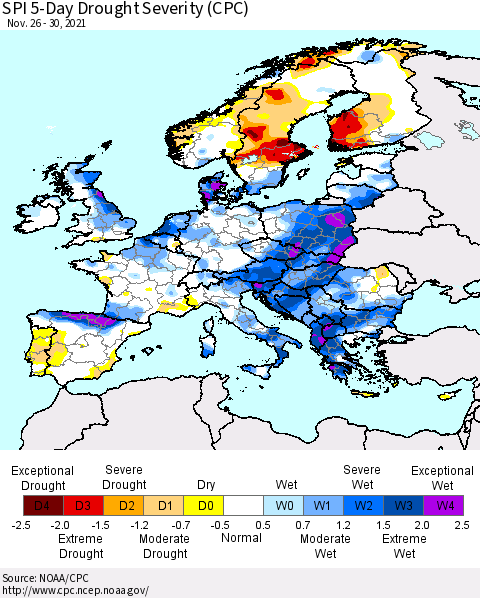 Europe SPI 5-Day Drought Severity (CPC) Thematic Map For 11/26/2021 - 11/30/2021
