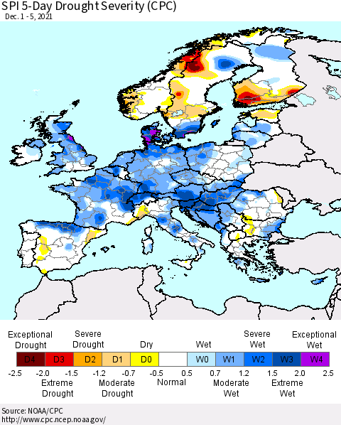 Europe SPI 5-Day Drought Severity (CPC) Thematic Map For 12/1/2021 - 12/5/2021