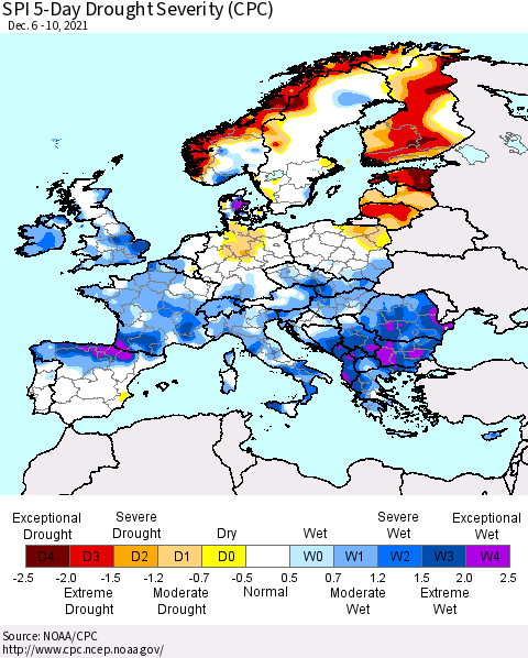 Europe SPI 5-Day Drought Severity (CPC) Thematic Map For 12/6/2021 - 12/10/2021