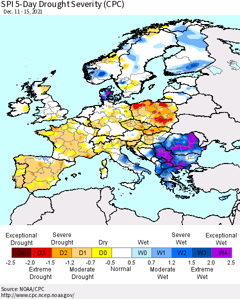 Europe SPI 5-Day Drought Severity (CPC) Thematic Map For 12/11/2021 - 12/15/2021
