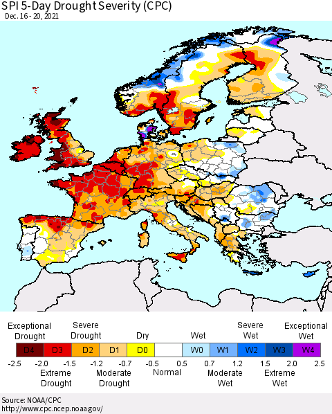Europe SPI 5-Day Drought Severity (CPC) Thematic Map For 12/16/2021 - 12/20/2021