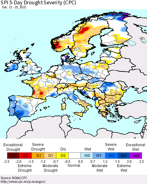 Europe SPI 5-Day Drought Severity (CPC) Thematic Map For 12/21/2021 - 12/25/2021