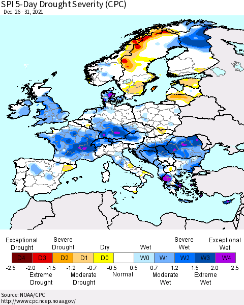 Europe SPI 5-Day Drought Severity (CPC) Thematic Map For 12/26/2021 - 12/31/2021