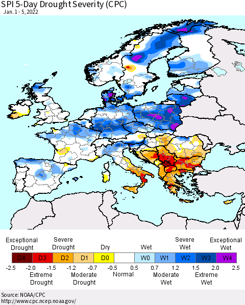 Europe SPI 5-Day Drought Severity (CPC) Thematic Map For 1/1/2022 - 1/5/2022