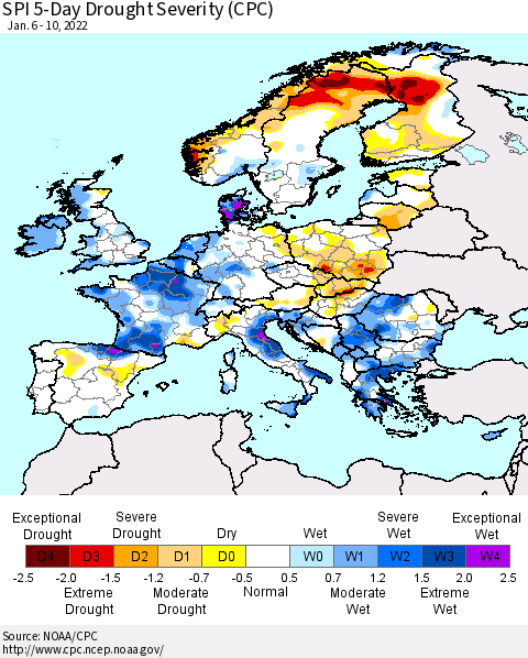 Europe SPI 5-Day Drought Severity (CPC) Thematic Map For 1/6/2022 - 1/10/2022