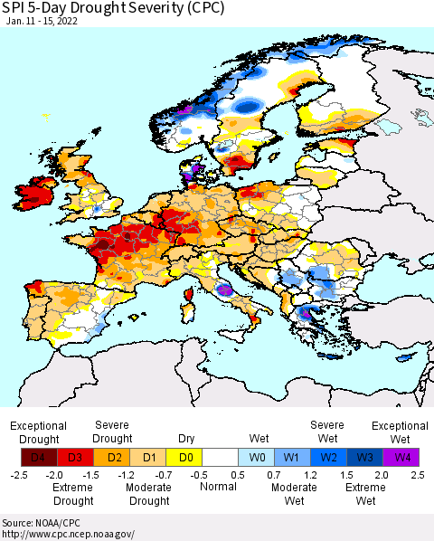 Europe SPI 5-Day Drought Severity (CPC) Thematic Map For 1/11/2022 - 1/15/2022