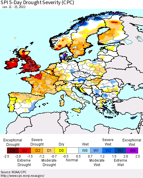 Europe SPI 5-Day Drought Severity (CPC) Thematic Map For 1/21/2022 - 1/25/2022