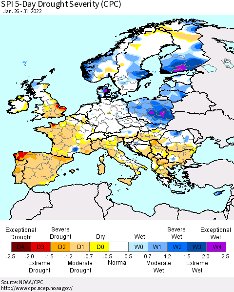 Europe SPI 5-Day Drought Severity (CPC) Thematic Map For 1/26/2022 - 1/31/2022