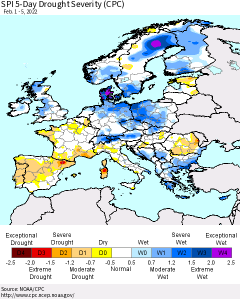 Europe SPI 5-Day Drought Severity (CPC) Thematic Map For 2/1/2022 - 2/5/2022
