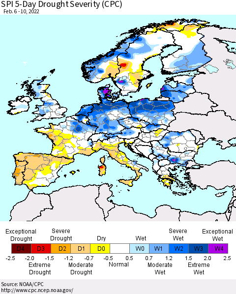 Europe SPI 5-Day Drought Severity (CPC) Thematic Map For 2/6/2022 - 2/10/2022