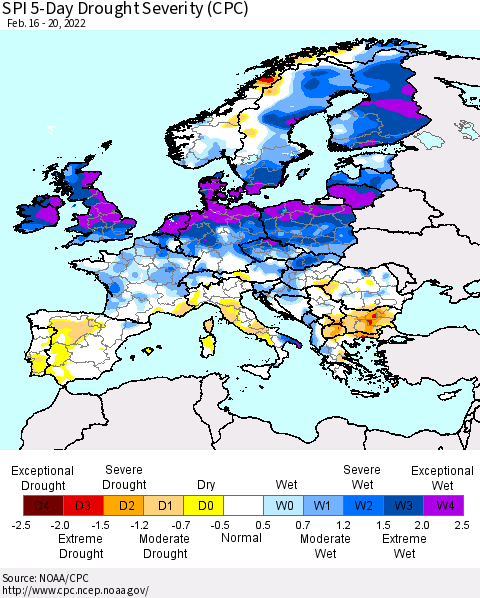 Europe SPI 5-Day Drought Severity (CPC) Thematic Map For 2/16/2022 - 2/20/2022