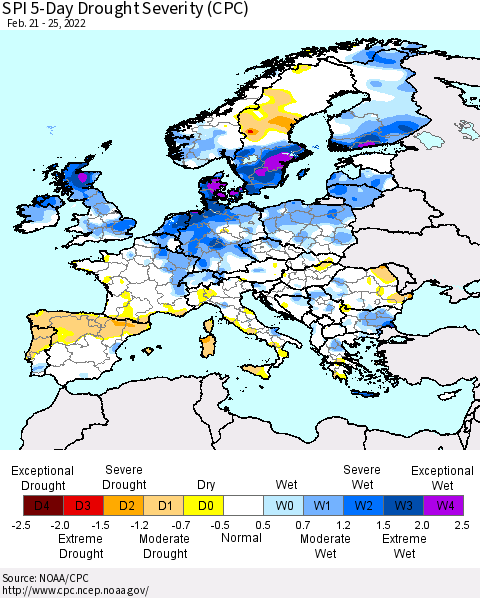 Europe SPI 5-Day Drought Severity (CPC) Thematic Map For 2/21/2022 - 2/25/2022