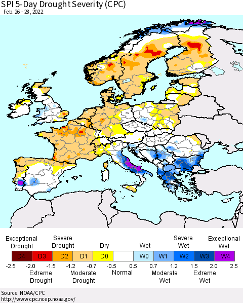Europe SPI 5-Day Drought Severity (CPC) Thematic Map For 2/26/2022 - 2/28/2022