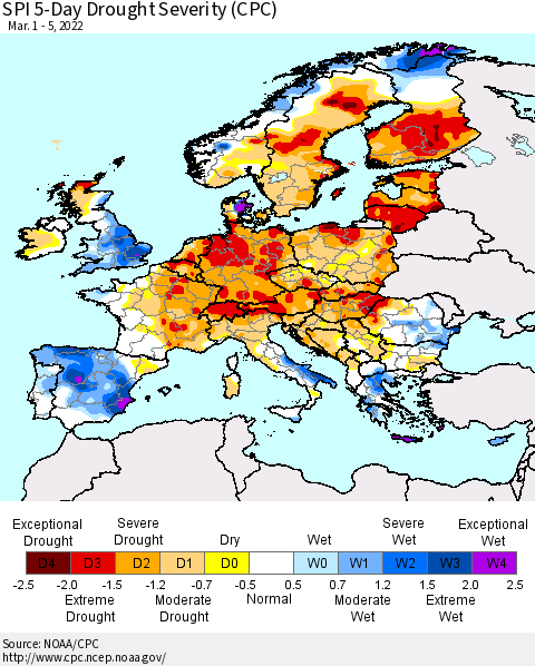 Europe SPI 5-Day Drought Severity (CPC) Thematic Map For 3/1/2022 - 3/5/2022