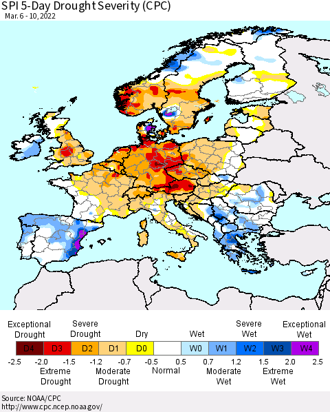 Europe SPI 5-Day Drought Severity (CPC) Thematic Map For 3/6/2022 - 3/10/2022