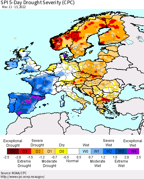 Europe SPI 5-Day Drought Severity (CPC) Thematic Map For 3/11/2022 - 3/15/2022