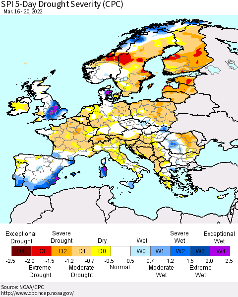 Europe SPI 5-Day Drought Severity (CPC) Thematic Map For 3/16/2022 - 3/20/2022
