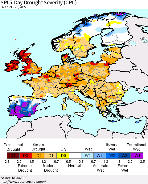 Europe SPI 5-Day Drought Severity (CPC) Thematic Map For 3/21/2022 - 3/25/2022