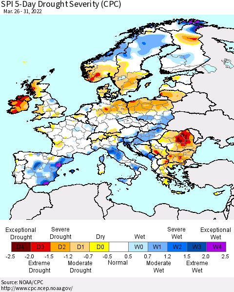 Europe SPI 5-Day Drought Severity (CPC) Thematic Map For 3/26/2022 - 3/31/2022