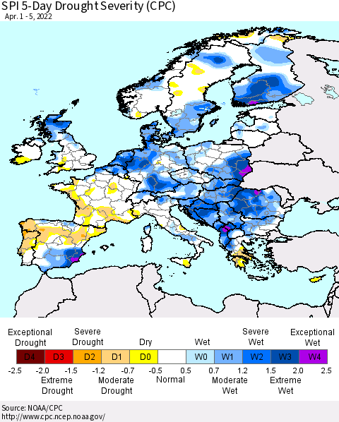 Europe SPI 5-Day Drought Severity (CPC) Thematic Map For 4/1/2022 - 4/5/2022