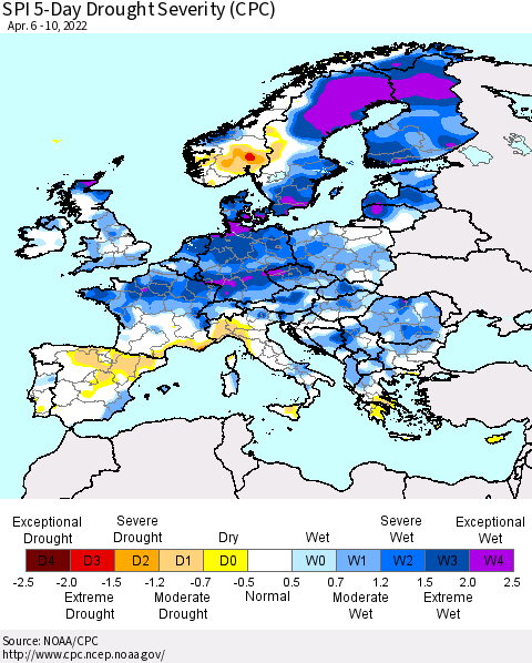 Europe SPI 5-Day Drought Severity (CPC) Thematic Map For 4/6/2022 - 4/10/2022