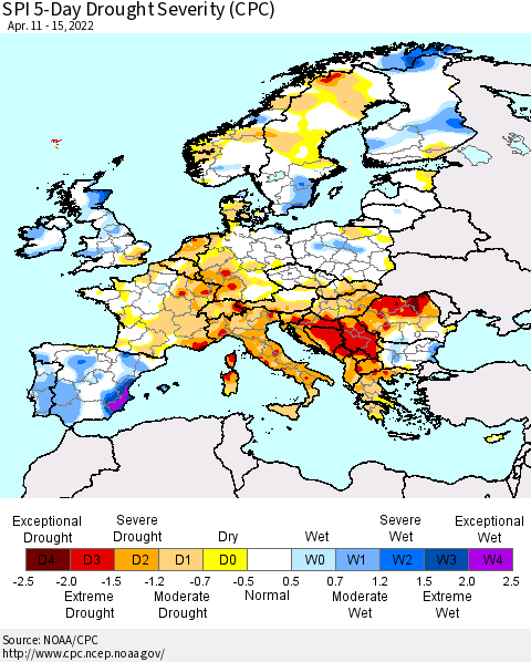 Europe SPI 5-Day Drought Severity (CPC) Thematic Map For 4/11/2022 - 4/15/2022