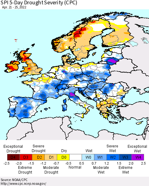 Europe SPI 5-Day Drought Severity (CPC) Thematic Map For 4/21/2022 - 4/25/2022