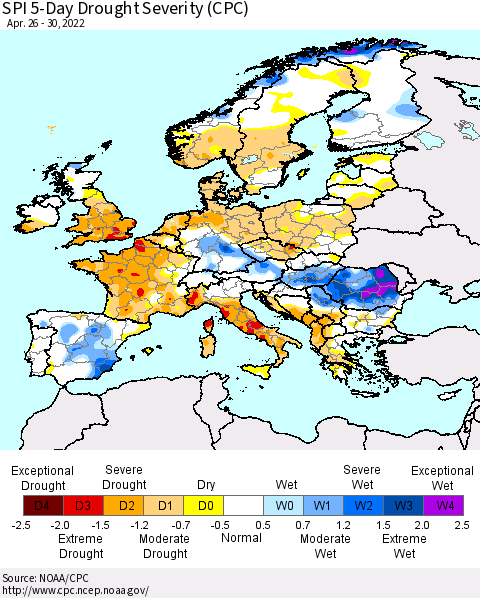 Europe SPI 5-Day Drought Severity (CPC) Thematic Map For 4/26/2022 - 4/30/2022